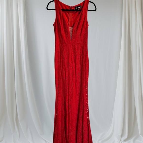 Lulu's Red Sleeveless Plunge Neck Maxi Gown for Cocktail - Picture 3 of 10